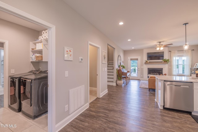 4073 Maize Pl, Piney Flats, TN 37686 - kitchen with dishwasher, separate washer and dryer, a ceiling fan, light wood finished floors, and recessed lighting