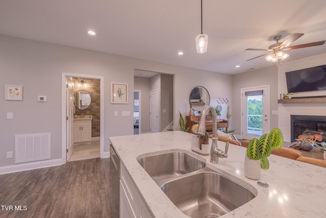 4073 Maize Pl, Piney Flats, TN 37686 - kitchen with a sink, pendant lighting, dishwasher, dark wood-style flooring, and a ceiling fan