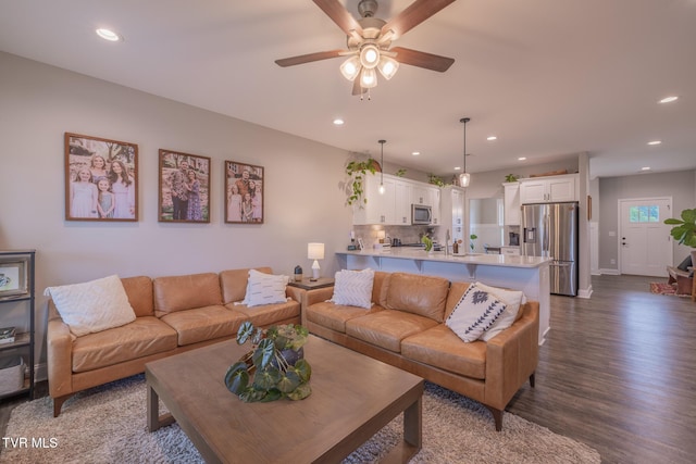 4073 Maize Pl, Piney Flats, TN 37686 - living area featuring dark wood-type flooring, recessed lighting, ceiling fan, and baseboards