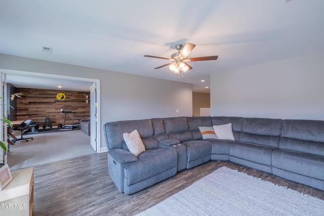 4073 Maize Pl, Piney Flats, TN 37686 - living area featuring wood walls, a ceiling fan, recessed lighting, and wood finished floors