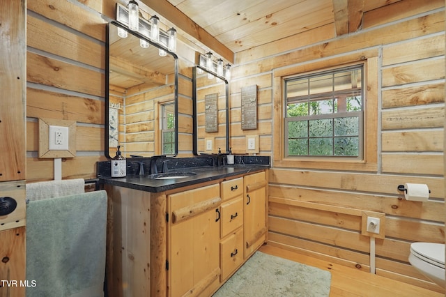 166 Booher Rd, Jonesborough, TN 37659 - full bath featuring wood walls, wood ceiling, toilet, double vanity, and wood finished floors