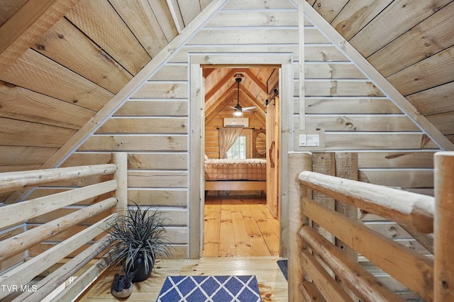 166 Booher Rd, Jonesborough, TN 37659 - hall with wood walls, hardwood / wood-style flooring, lofted ceiling, and wood ceiling