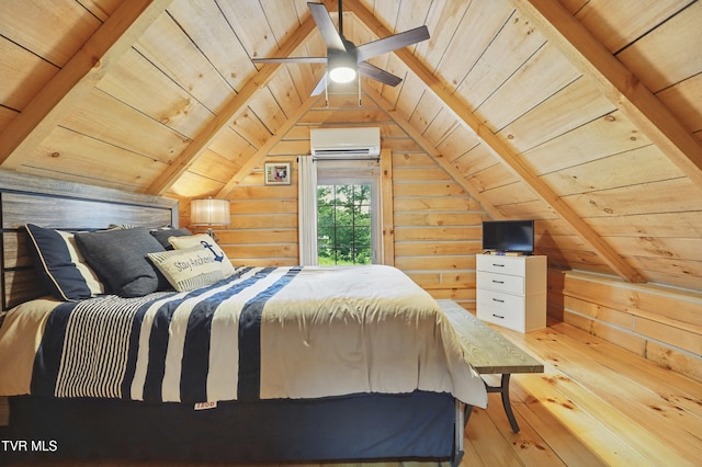 166 Booher Rd, Jonesborough, TN 37659 - bedroom with wood ceiling, a wall unit AC, hardwood / wood-style floors, vaulted ceiling, and wooden walls