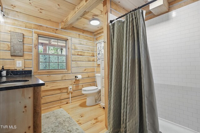 166 Booher Rd, Jonesborough, TN 37659 - full bath with toilet, vanity, wooden ceiling with exposed beams, a shower with curtain, and wood finished floors