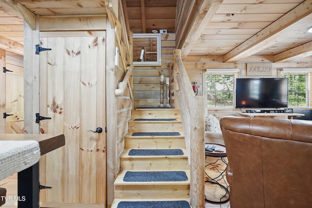 166 Booher Rd, Jonesborough, TN 37659 - stairway featuring wooden ceiling with exposed beams and healthy amount of natural light