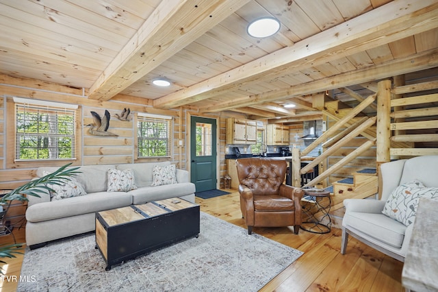 166 Booher Rd, Jonesborough, TN 37659 - living room with wooden ceiling with exposed beams, stairs, light wood finished floors, and wooden walls