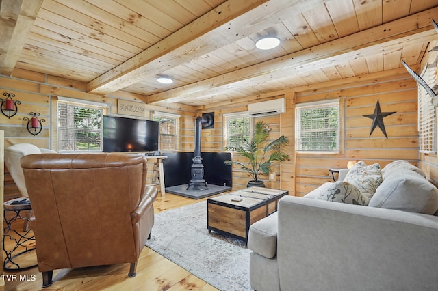 166 Booher Rd, Jonesborough, TN 37659 - living room featuring a wood stove, wood ceiling with exposed beams, light wood-style floors, wood walls, and an AC wall unit