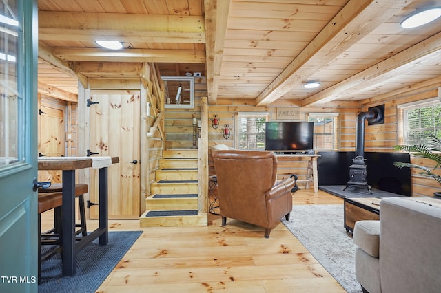 166 Booher Rd, Jonesborough, TN 37659 - living room with a wood stove, wooden ceiling with exposed beams, hardwood / wood-style flooring, stairs, and wood walls
