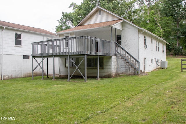 1416 E Cedar St, Bristol, TN 37620 - rear view of house featuring cooling unit, a wooden deck, a yard, and stairway