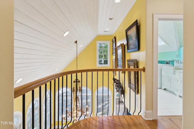 133 Knob Creek Dock Rd, Johnson City, TN 37601 - stairway featuring lofted ceiling, wood ceiling, and recessed lighting