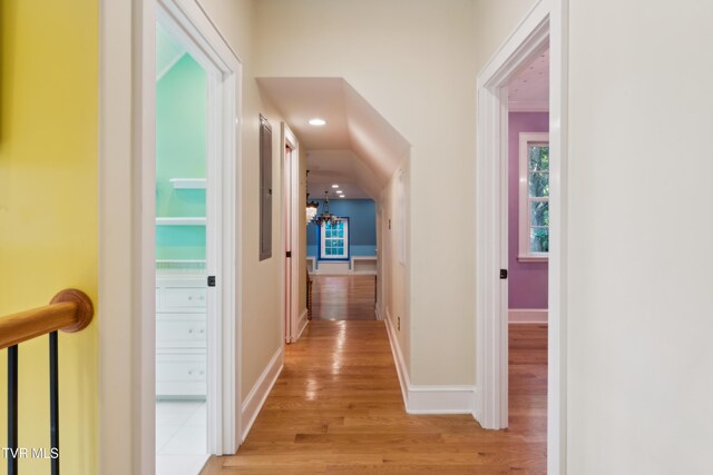 133 Knob Creek Dock Rd, Johnson City, TN 37601 - hall featuring light wood finished floors, a chandelier, and baseboards