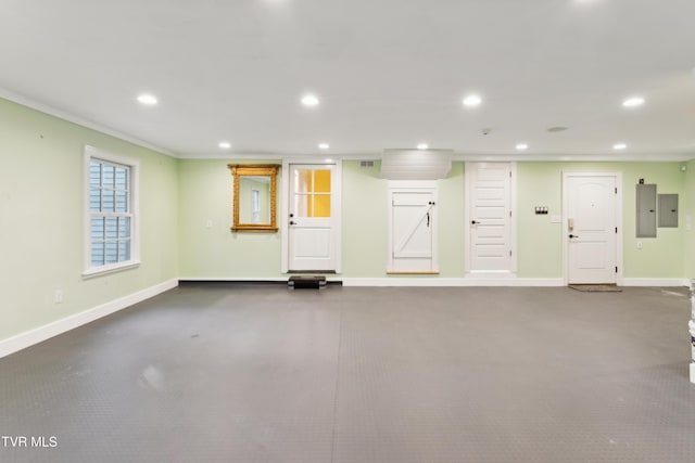 133 Knob Creek Dock Rd, Johnson City, TN 37601 - below grade area with electric panel, recessed lighting, baseboards, and ornamental molding