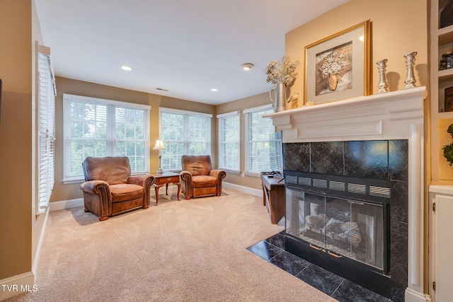 117 Quail Heights Ct, Kingsport, TN 37663 - carpeted living area featuring a tile fireplace, baseboards, and recessed lighting