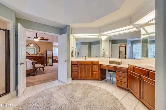 117 Quail Heights Ct, Kingsport, TN 37663 - bathroom with tile patterned floors, connected bathroom, double vanity, a shower stall, and a ceiling fan