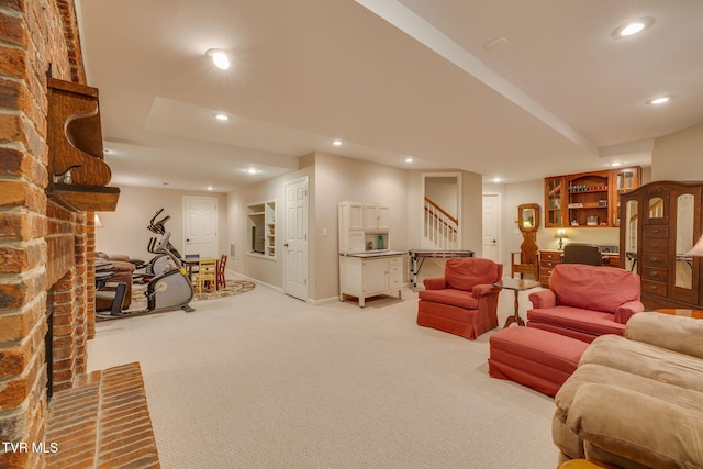 117 Quail Heights Ct, Kingsport, TN 37663 - living area featuring light colored carpet, recessed lighting, stairway, baseboards, and a brick fireplace