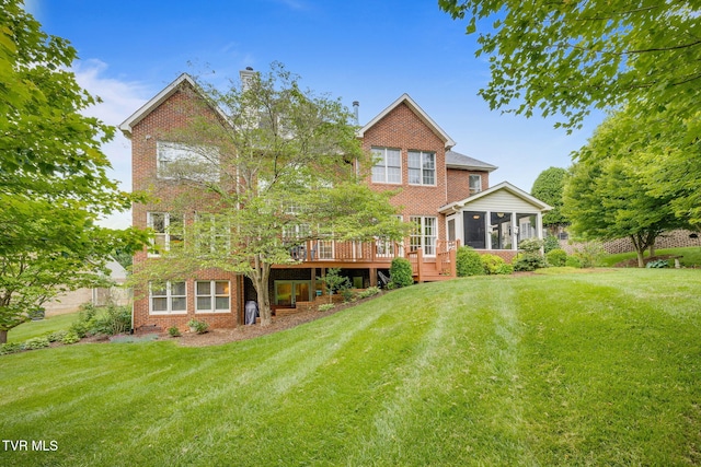 117 Quail Heights Ct, Kingsport, TN 37663 - rear view of house featuring brick siding, a sunroom, a lawn, and a chimney