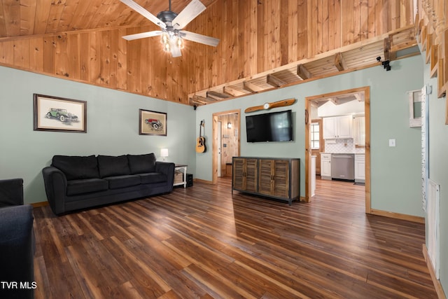 122 Spring Hollow Ln, Jonesborough, TN 37659 - living room with ceiling fan, dark wood-type flooring, baseboards, wooden ceiling, and high vaulted ceiling