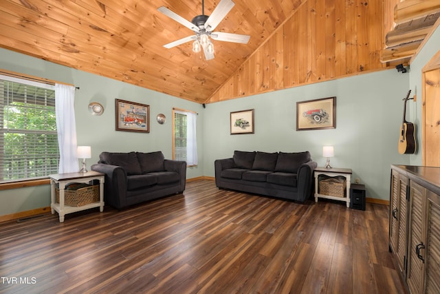 122 Spring Hollow Ln, Jonesborough, TN 37659 - living area with dark wood-style flooring, wooden ceiling, plenty of natural light, baseboards, and high vaulted ceiling