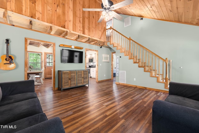 122 Spring Hollow Ln, Jonesborough, TN 37659 - living room featuring dark wood-style flooring, stairway, wood ceiling, ceiling fan, and high vaulted ceiling