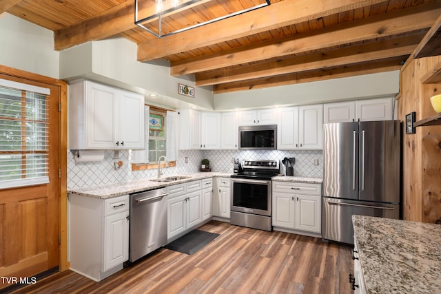 122 Spring Hollow Ln, Jonesborough, TN 37659 - kitchen with appliances with stainless steel finishes, a sink, backsplash, white cabinets, and wood ceiling with exposed beams
