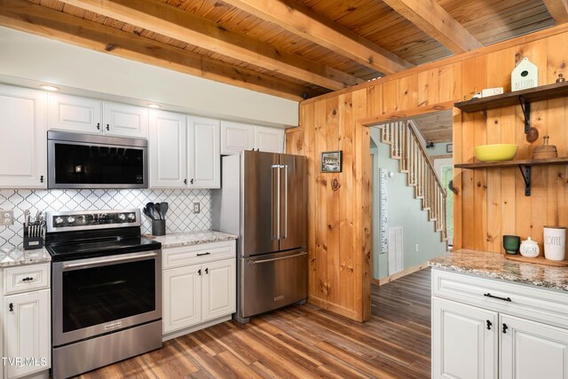 122 Spring Hollow Ln, Jonesborough, TN 37659 - kitchen with stainless steel appliances, open shelves, backsplash, dark wood-style floors, and wood ceiling with exposed beams