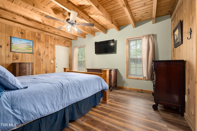 122 Spring Hollow Ln, Jonesborough, TN 37659 - bedroom featuring wooden walls, wooden ceiling with exposed beams, baseboards, and wood finished floors