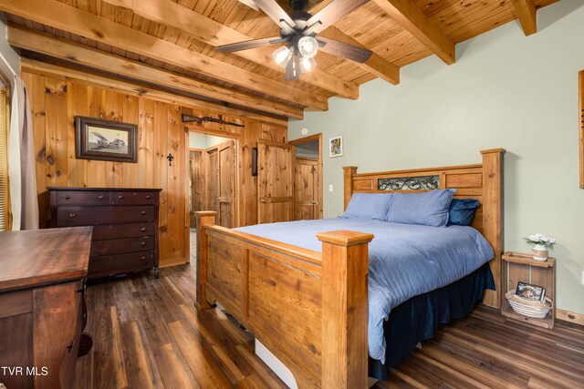 122 Spring Hollow Ln, Jonesborough, TN 37659 - bedroom featuring wood ceiling with exposed beams, dark wood finished floors, and wooden walls