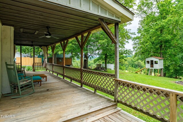 122 Spring Hollow Ln, Jonesborough, TN 37659 - wooden deck featuring a playground and ceiling fan