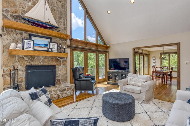 14346 White Top Vw, Abingdon, VA 24210 - living room featuring wood finished floors, high vaulted ceiling, and a fireplace