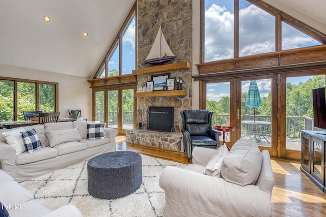 14346 White Top Vw, Abingdon, VA 24210 - living area featuring high vaulted ceiling, wood finished floors, a stone fireplace, and recessed lighting