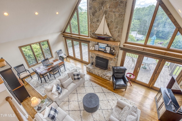 14346 White Top Vw, Abingdon, VA 24210 - living room featuring high vaulted ceiling, wood finished floors, recessed lighting, and a fireplace