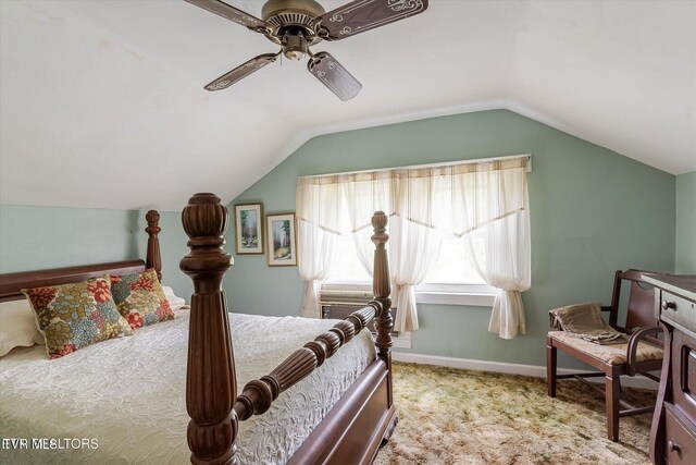 2170 Lone Mountain Rd, Tazewell, TN 37879 - carpeted bedroom with vaulted ceiling, a ceiling fan, and baseboards