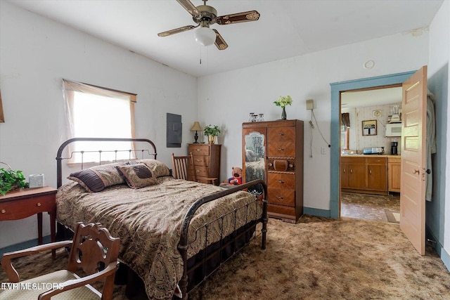 2170 Lone Mountain Rd, Tazewell, TN 37879 - bedroom featuring light carpet, electric panel, ensuite bathroom, and ceiling fan