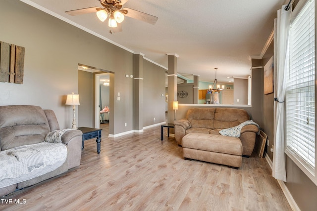 1734 Clear Springs Rd, Limestone, TN 37681 - living area featuring crown molding, a ceiling fan, a chandelier, light wood-style flooring, and baseboards