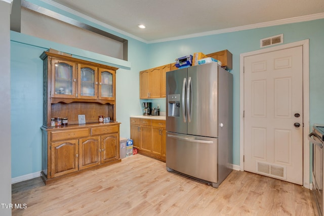 1734 Clear Springs Rd, Limestone, TN 37681 - kitchen featuring stainless steel refrigerator with ice dispenser, crown molding, light wood finished floors, glass insert cabinets, and light countertops