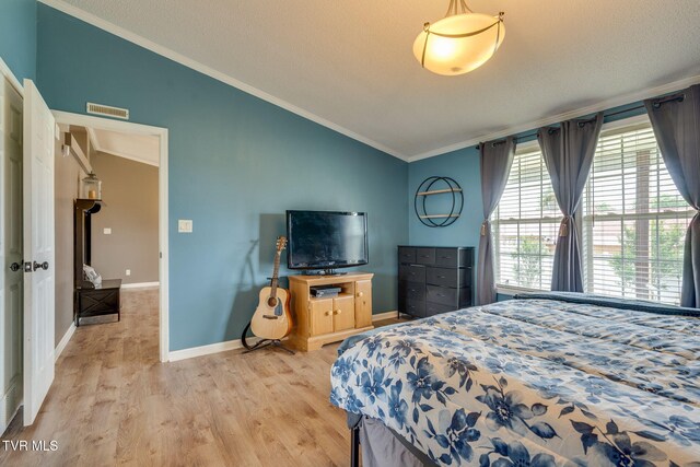 1734 Clear Springs Rd, Limestone, TN 37681 - bedroom featuring vaulted ceiling, crown molding, light wood-style flooring, a textured ceiling, and baseboards