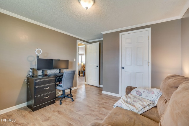 1734 Clear Springs Rd, Limestone, TN 37681 - office area featuring baseboards, light wood-style flooring, ornamental molding, and a textured ceiling