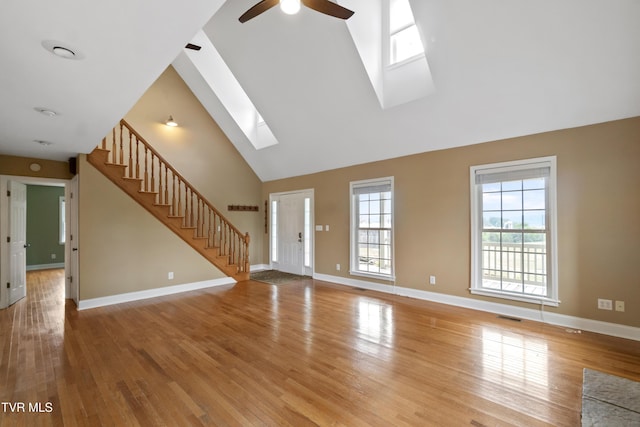 2361 Old Stage Rd, Afton, TN 37616 - unfurnished living room featuring a skylight, a ceiling fan, high vaulted ceiling, stairway, and light wood-style floors