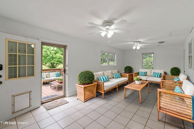 2361 Old Stage Rd, Afton, TN 37616 - living room featuring light tile patterned floors and ceiling fan