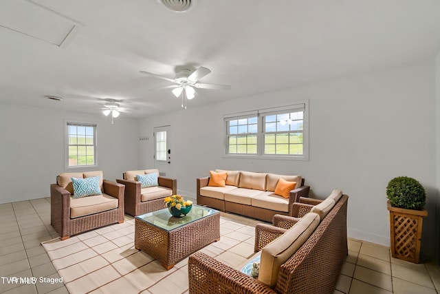 2361 Old Stage Rd, Afton, TN 37616 - living room with light tile patterned flooring, baseboards, and ceiling fan