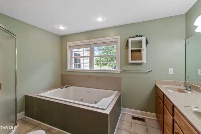 2361 Old Stage Rd, Afton, TN 37616 - bathroom with a whirlpool tub, double vanity, baseboards, tile patterned flooring, and a stall shower