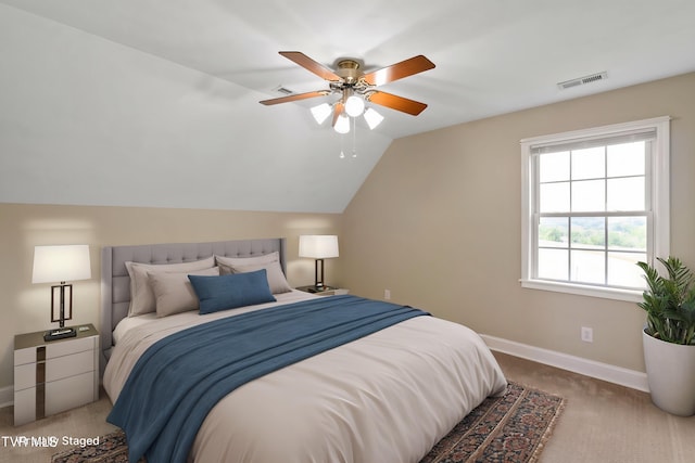2361 Old Stage Rd, Afton, TN 37616 - carpeted bedroom with baseboards, vaulted ceiling, and a ceiling fan