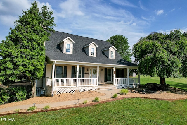 2361 Old Stage Rd, Afton, TN 37616 - cape cod house featuring a porch, a front lawn, and a shingled roof