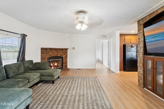 364 Berry Ridge Rd, Jonesborough, TN 37659 - living room with light wood-style flooring, ceiling fan, a lit fireplace, and a textured ceiling