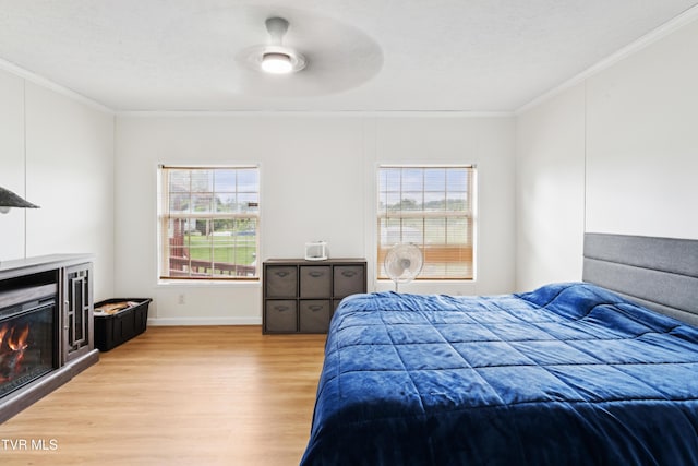 364 Berry Ridge Rd, Jonesborough, TN 37659 - bedroom featuring light wood finished floors, crown molding, multiple windows, a glass covered fireplace, and ceiling fan