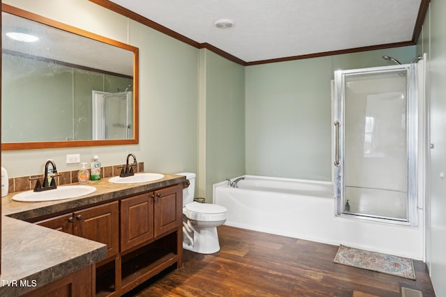 364 Berry Ridge Rd, Jonesborough, TN 37659 - full bathroom with crown molding, wood finished floors, a garden tub, toilet, and an enclosed shower