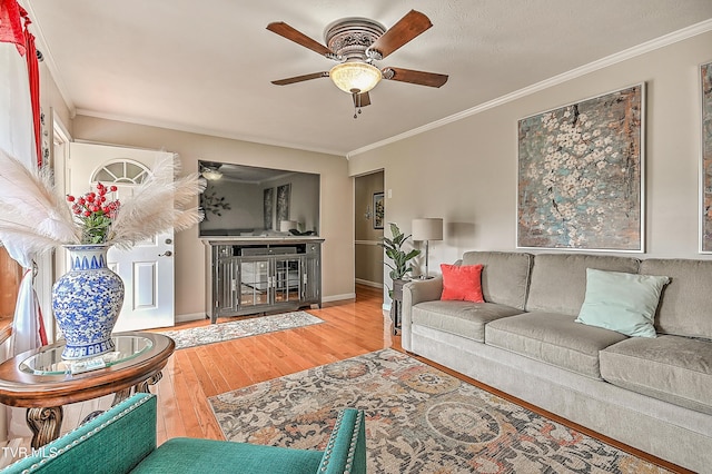 205 Live Oak Dr, Kingsport, TN 37660 - living area featuring a ceiling fan, wood finished floors, crown molding, and baseboards