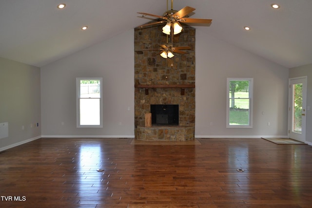 290 Kinchloe Mill Rd, Jonesborough, TN 37659 - unfurnished living room with wood finished floors, ceiling fan, recessed lighting, baseboards, and a fireplace
