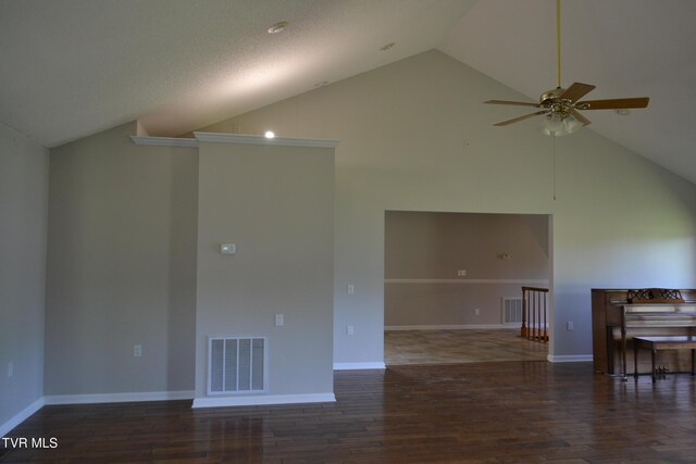 290 Kinchloe Mill Rd, Jonesborough, TN 37659 - unfurnished living room featuring a ceiling fan, high vaulted ceiling, wood finished floors, and baseboards