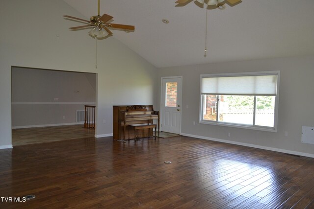 290 Kinchloe Mill Rd, Jonesborough, TN 37659 - living room with ceiling fan, high vaulted ceiling, wood finished floors, and baseboards